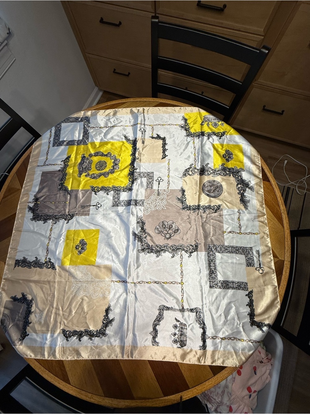 Silky Square Scarf with Yellow, Beige and Gray Geometric Print silk feeling poly